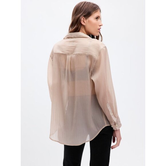 NWOT GAP Bedrock Beige Sheer Organza Oversized Button Up Big Shirt, Size S - Picture 2 of 13